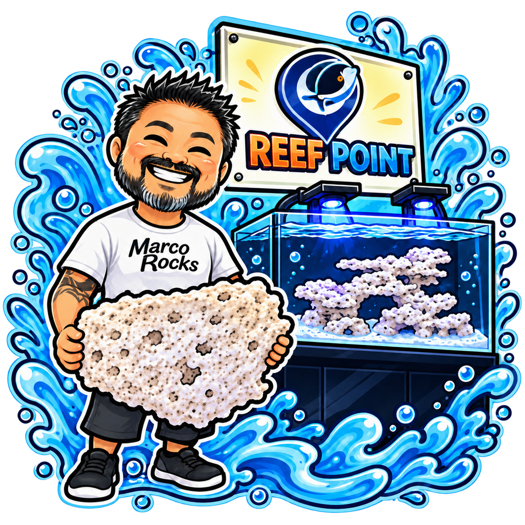 Ilustração de um aquarista com rocha para aquário diante de um aquário Reef Point