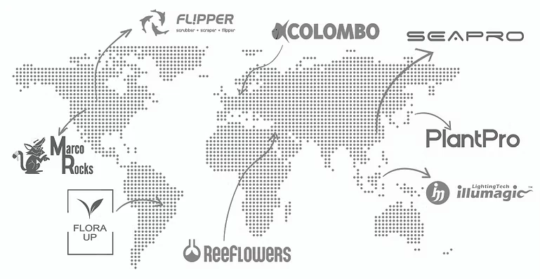 Mapa ilustrado com marcas representadas pela Reef Point em diferentes regiões do mundo
