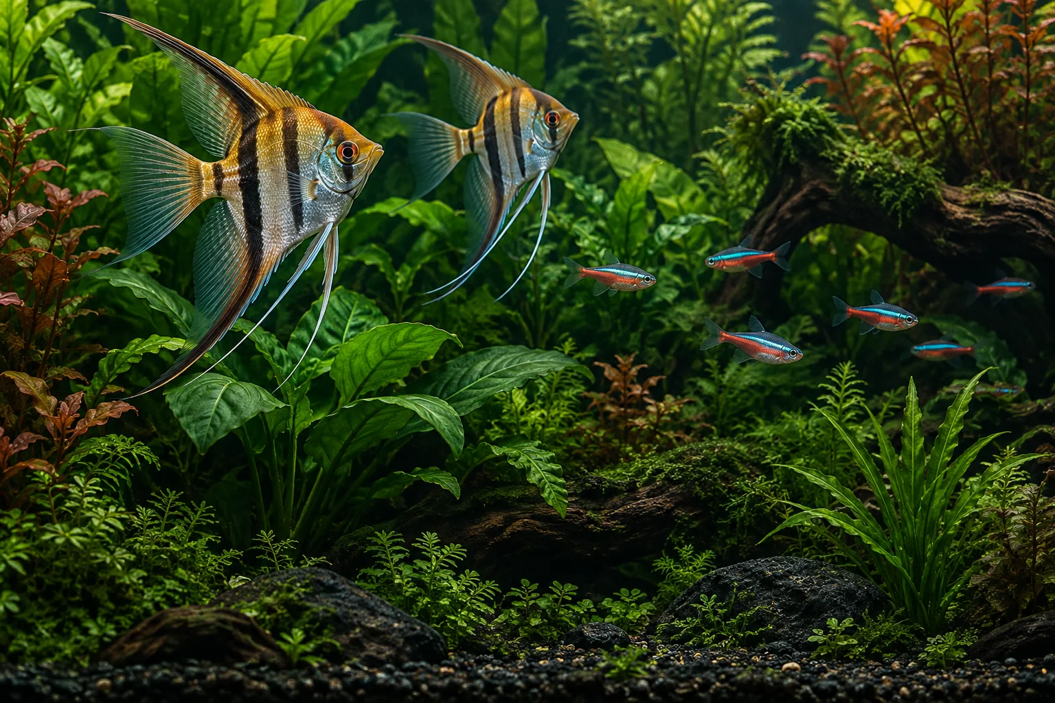 Aquário de água doce com peixes e plantas aquáticas