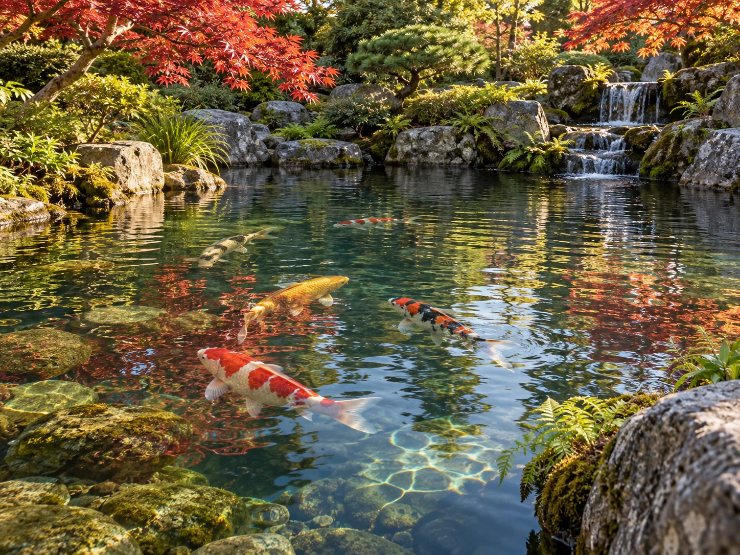 Lago ornamental de jardim com carpas koi
