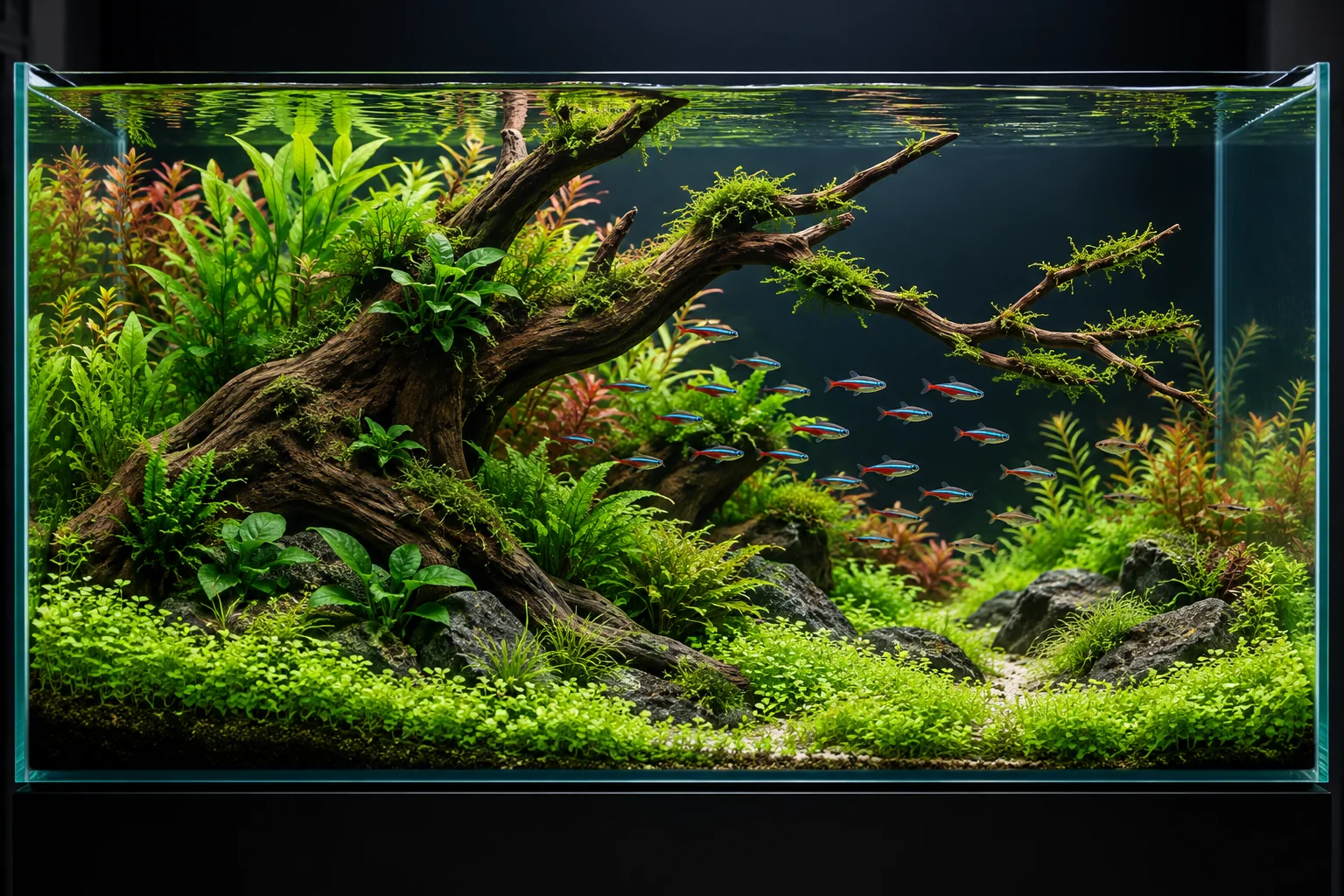 Aquascape plantado com cardume e tronco natural